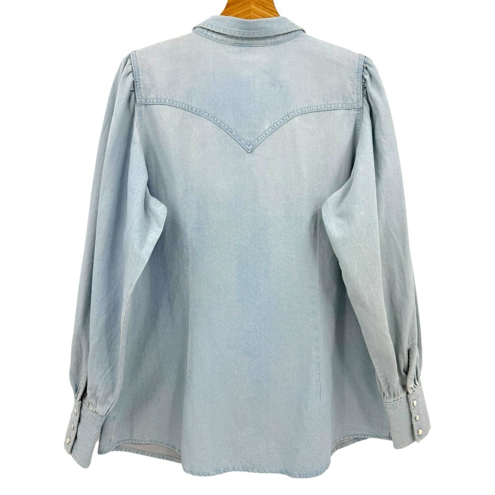 WRANGLER Retro Poet Puff Sleeve Pearl Snap Shirt Denim Rodeo In Light Wash XL - Picture 3 of 15